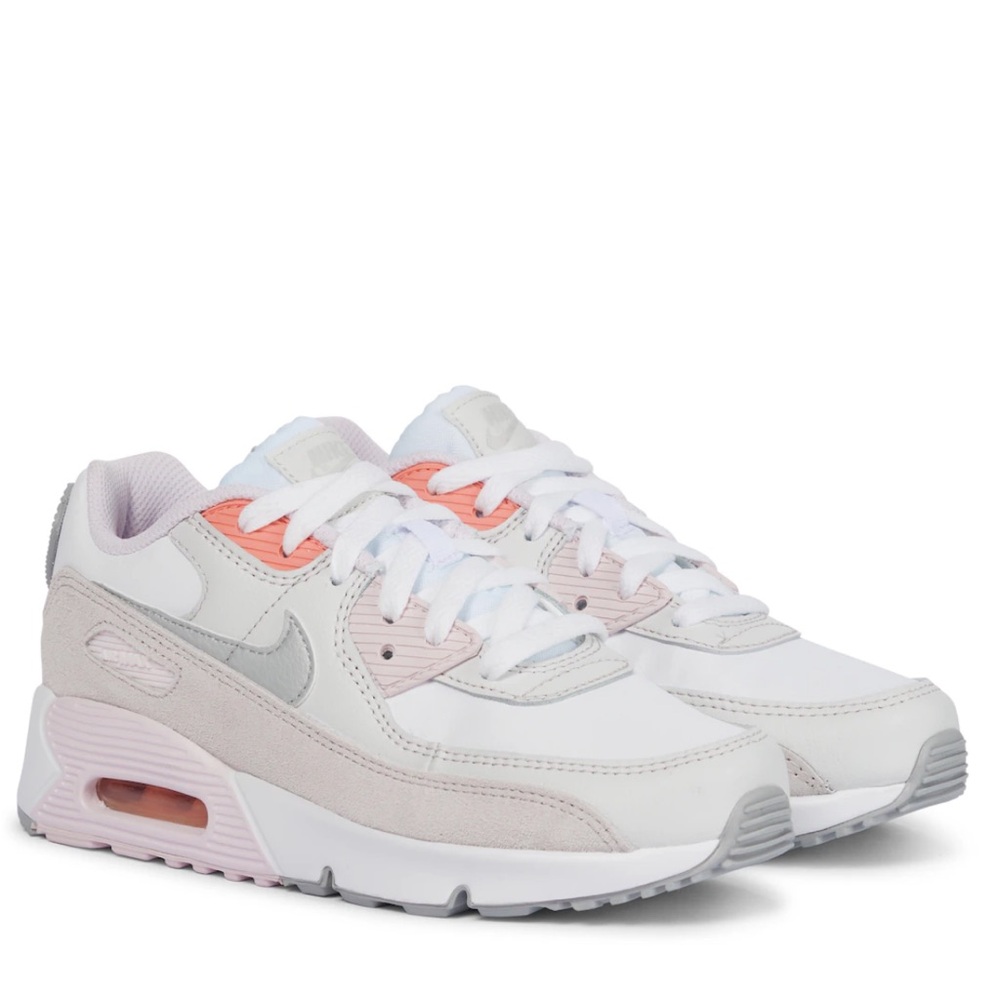 Nike Air Max 90s white leather with pink and orange